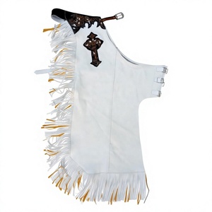 Nabtay Sports – Chaps de Rodeo pour Homme en Cuir Blanc Personnalisé, Taille Haute, Robustes, avec Croix Sculptée à la Main et Bordure Dorée à Franges - Product Image 1