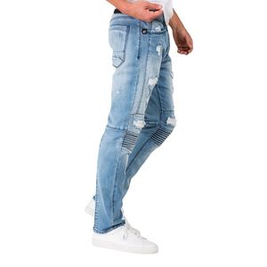 Distressed Biker <b>Jeans</b> Men's Ribbed Moto Denim Trousers Distressed Ripped Cotton Stretch Fabric Urban Streetwear Fashion - Product Image 3