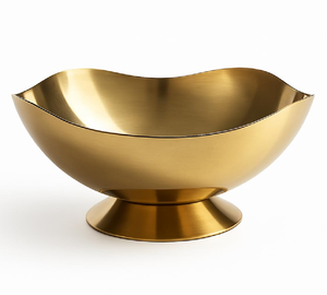 Luxury pedestal ice bucket finished in <b>brushed</b> gold with a wavy, modern rim. Available at wholesale price. - Product Image 1