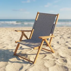 Chaise de plage pliante en bois avec siège en toile rayée, chaise de camping portable d'extérieur avec accoudoirs - Product Image 1