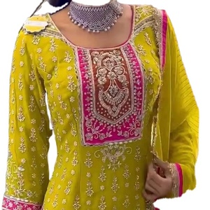 Conjunto WALIMA de Top Semisentrado de Georgette Sintético de Aspecto Pesado y Traje Salwar Gharara con Dupatta con Borde de Encaje para Adultos, Viscosa Especial - Product Image 1