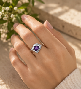 Emrusa Jewellers Women's Amethyst 925 Sterling Silver <b>Ring</b>-Trillion-Cut Stone with Pave <b>CZ</b> Accents Classical Style Wedding - Product Image 5