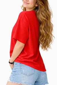 Camiseta Moderna de Terciopelo Ecológico para Mujer, de un Solo Hombro, con Plumas, Ajuste Holgado, Estampado Liso, Estilo Casual de Verano, Color Rojo - Product Image 2