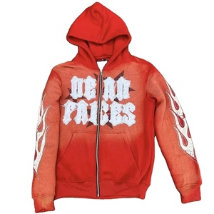 Style tendance bonne qualité recadrée hommes détresse broderie 450gsm poids lourd Applique Patch acide lavage fermeture éclair à capuche - Product Image 1