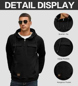 Sweat-shirt à capuche noir pour homme, demi-zip, poche kangourou, mélange de coton et polaire, décontracté, streetwear, chaud pour l'hiver, ODM, séchage rapide, respirant - Product Image 5