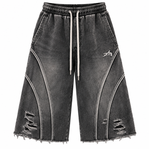 Shorts longs personnalisés 3/4 |   Shorts en molleton français délavé et usé, style streetwear |   Fabricant de vêtements en marque privée OEM/ODM - Product Image 1