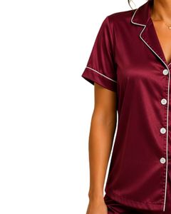 Conjunto de Pijama de Satén Borgoña Personalizado por el Fabricante, Ropa de Dormir de Seda para Mujer, con Bolsillo Bordado, Manga Corta, Conjunto de Ropa de Dormir Suave - Product Image 3