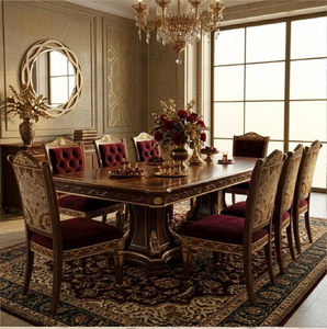 Luxurious 8-seater European <b>dining</b> table featuring polished beige marble top, ornate gold carved base and <b>chairs</b>, at wholesale. - Product Image 2