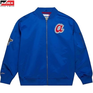 แจ็คเก็ตวาร์ซิตี้ผ้าซาตินคุณภาพสูงจากสหรัฐอเมริกา ปักโลโก้ได้ตามต้องการ แจ็คเก็ตบอมเบอร์ผู้ชาย เสื้อผ้ากีฬาระดับพรีเมียม ขายส่งจากโรงงานโดยตรง - Product Image 1