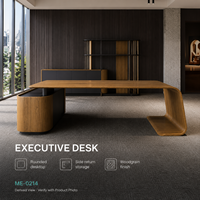 Bureau de direction moderne incurvé avec plateau en bois veiné arrondi, rangement latéral, autoportant, usage commercial pour bureaux de direction