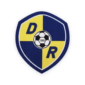 Écusson tissé à coudre du club de football D R, design logo 1993, jaune et bleu, forme bouclier avec découpe laser - Product Image 1