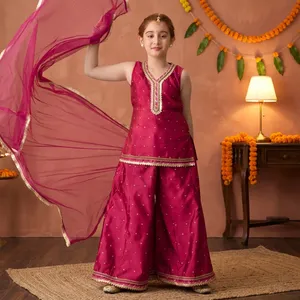 Trending Launching New Designer Girls Children Wedding Diwali Party Wear Silk Top Kurta Set Embroidery Wrinkle-Free Stretchable - Product Image 1