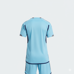 Ensemble de maillot et short de football bleu clair pour homme, col rond, manches courtes, polyester respirant, uniforme de football toutes saisons - Product Image 2