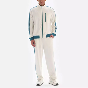 Ensemble de survêtement blanc personnalisé en gros avec veste zippée à rayures bleues latérales et pantalon de survêtement assorti, ensemble de sport en molleton vierge en gros pour fabricant - Product Image 1