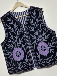 Handmade 100% Cotton Velvet Breathable Vintage Boho Unisex Ethnic Sleeveless Floral Embroidery Open Front Indian All Season <b>Vest</b> - Product Image 4
