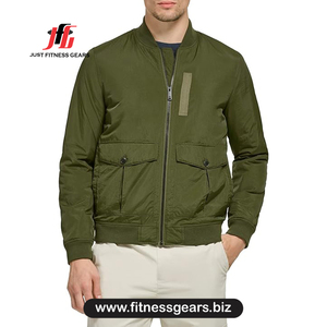 Blouson bomber vert olive pour homme, col montant, fermeture éclair, coupe-vent décontracté en polyester, vêtement d'extérieur pour l'automne - Product Image 1