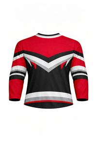 Men's <b>Red</b> Black <b>Striped</b> Ice Hockey Jersey Three Quarter Sleeve Moisture Wicking Mesh V-Neck Custom Sublimated Apparel - Product Image 3