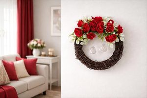Corona de Rosas Rojas Románticas Hechas a Mano, Flores Decorativas de Ratán para Colgar en la Pared, para el Día de San Valentín, Redonda, Sin Iluminación, Paquete Individual - Product Image 2
