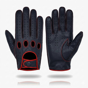 Gants de conduite en cuir de mouton véritable, noirs avec surpiqûres rouges, trous de ventilation, respirants, confortables, adaptés aux hommes et aux femmes - Product Image 1