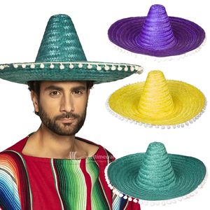 Teal Raffia <b>Straw</b> Sombrero with White Pom Poms Adjustable Unisex Adult Party <b>Hat</b> - Product Image 3
