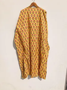 Robe Kaftan en Coton Imprimé Jaune Moutarde Premium, Style Bohème Floral avec Col en V, Manches Courtes et Taille à Nouer, Robe d'Été - Product Image 2
