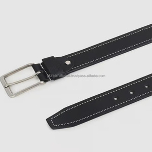 Cinturón casual de cuero Premium negro cosido blanco hecho a medida para hombre con cinturón vaquero con hebilla de latón plateado mate - Product Image 5