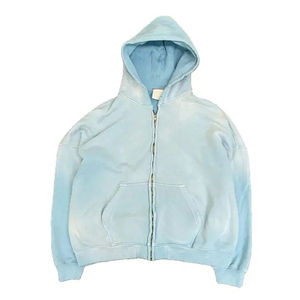 Sudadera con capucha personalizada para hombre, de alto gramaje, con cremallera completa, estilo streetwear, con efecto desgastado, lavado ácido, con parches y bordados, y hombros caídos. - Product Image 3