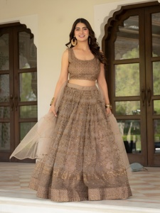 Ensemble Lehenga en tissu filet avec broderie Zari et travail de sequins améliorés, accompagné d'un cancan en toile et d'un ensemble blouse et dupatta. - Product Image 4