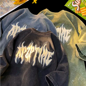 Men's Oversized Long Sleeve <b>T</b>-Shirt Cotton Jersey O-Neck Streetwear Flame Print <b>Back</b> Letter Design - Product Image 1