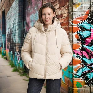 <b>Women's</b> <b>Beige</b> Breathable Canvas Quilted Puffer <b>Jacket</b> Full Sleeve Hooded Zipper Closure Winter Solid Color Regular Length Thick - Product Image 6