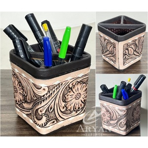 Support de bureau rond en cuir véritable fait main, gravé à la main, pour stylos et crayons, style occidental, pour la vente en gros - Product Image 1