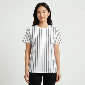 เสื้อยืดคอกลมแขนสั้นลายทางผ้าฝ้ายเจอร์ซีย์สำหรับผู้ชาย ทรงปกติ ระบายอากาศได้ดี ถักทอ สีขาวดำ - Product Image 2