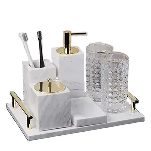 संगमरमर बाथरूम गौण सेट 7-टुकड़ा-साबुन मशीन टूथब्रश धारक गिलास साबुन पकवान कपास बड बॉक्स और ट्रे उच्च गुणवत्ता