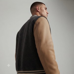 <b>Men's</b> Dark Gray Casual <b>Baseball</b> Varsity <b>Jacket</b> With Tan Leather Sleeves Turn-down Collar Button Closure Casual Autumn Wear - Product Image 5