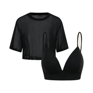 2026 Sexy <b>Mesh</b> Blouse for <b>Women</b> 2-Piece Set Breathable Transparent Crop <b>Top</b> Wholesale Custom Streetwear Summer Blouse - Product Image 2