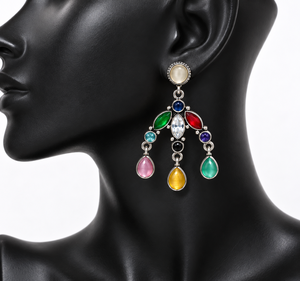 Pendientes Colgantes de Plata Oxidada con Cristales de Colores, Pendientes Vintage con Gemas Ovaladas Marquise para Fiestas y Bodas - Product Image 6