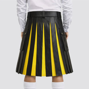 Kilt Híbrido de Cuero Vacuno Negro y Amarillo para Hombre, Kilt Utilitario con Pliegues Cuadrados y Bolsillos Tipo Cargo - Product Image 4