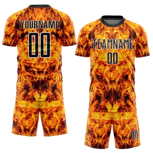 Ensemble de maillots de football personnalisés sublimés de qualité supérieure, manches courtes, col rond, polyester respirant, uniforme toutes saisons, imprimé feu - Product Image 1