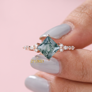 Princess Cut Moss Agate Engagement <b>Ring</b> 10K Gold Nature Inspired Bridal <b>Ring</b> Diamond Accent Moss Agate Promise <b>Ring</b> <b>Fine</b> Jewelry - Product Image 2