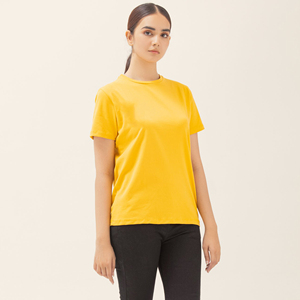 Camiseta de Manga Corta con Cuello Redondo para Mujer, 100% Algodón Jersey, Color Amarillo Sólido, Informal, para Primavera/Verano - Product Image 4