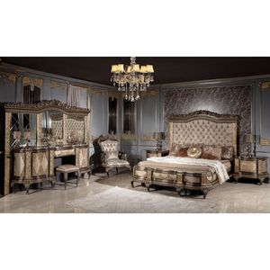 Luxury Solid Mahogany Wood Bedroom Set Royal Gold Carved King <b>Bed</b> with Grand Wardrobe, 2 Nightstands and Dressing <b>Table</b> Set - Product Image 1