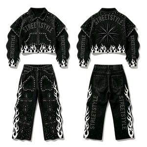 Y2K Rhinestone Flame Denim Solid Set Women Cropped Layered <b>Jacket</b> Wide Leg Jeans <b>Gothic</b> Cross Studded Black Vintage Streetwear - Product Image 1