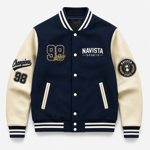 OEM Unisex 100% Wool Varsity <b>Jacket</b> with Chenille Embroidery and Leather Sleeves Streetwear Winter Bomber for Men - Product Image 2