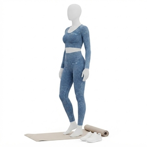 Women Blue Acid Wash Yoga <b>Set</b> <b>Long</b> <b>Sleeve</b> Crop Top High Waist Leggings <b>Gym</b> Fitness Workout Activewear - Product Image 2