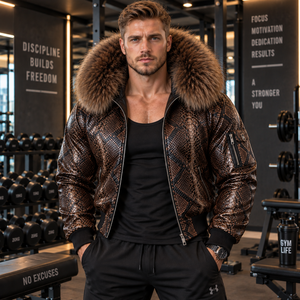 <b>Men's</b> Embossed Python Leather Breathable <b>Summer</b> Bomber <b>Jacket</b> with Plaid Pattern | LEATHER SPOT - Product Image 6
