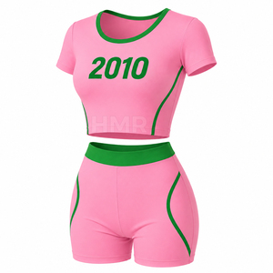 HMR Sorority Sisterhood 2 Piece Shorts Set <b>Pink</b> Green Sportswear <b>Crop</b> <b>Top</b> With 2010 Print Short Sleeve O Neck - Product Image 5
