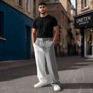 Pantalones Deportivos Negros para Hombre con Franja Lateral Blanca, Cintura Media Elástica con Cordón, Joggers Casuales Transpirables y Ligeros de Poliéster, Corte Recto - Product Image 5