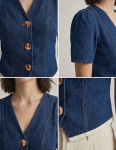 Blusa de Mezclilla para Mujer, Cuello en V, Manga Corta, Botones al Frente, Color Sólido, Estilo Casual, Corte Regular, Tela Twill - Product Image 1