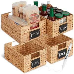 Handmade Black Water Hyacinth Storage Basket Set With <b>Label</b> Holder Woven Organizer <b>Bin</b> For Books Kitchen Pantry Home Storage - Product Image 6