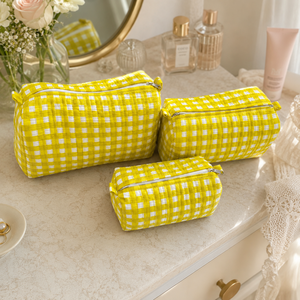 Premium Yellow Gingham 3 Piece Quilted <b>Makeup</b> Pouch Set Cotton Cosmetic Bags for Women Travel Toiletry Organizer Zipper <b>Cases</b> - Product Image 4